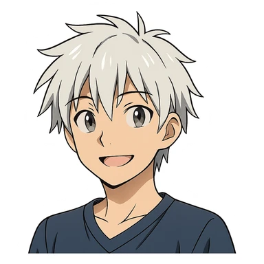 young male anime character with silver hair, friendly smile, classic anime aesthetic, no background sticker