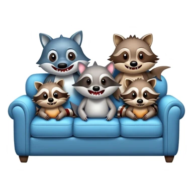 A shark and three raccoons on the couch sticker
