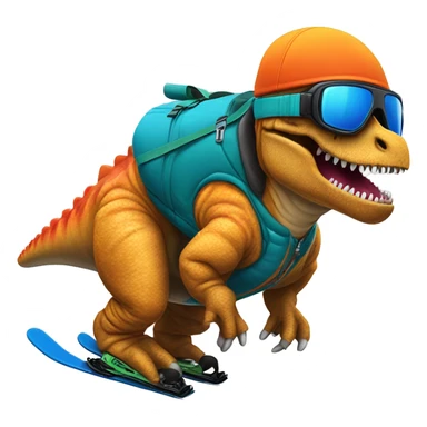 Tyrannosaurus downhill skiing wearing a puffer vest, vibrant colors sticker