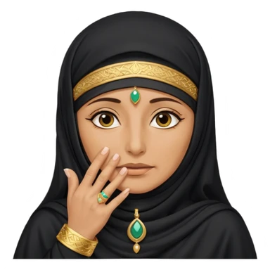 an old emirati women wearing traditional cloths covers her face with burg'a a;; the cloths and burqa'a are black sticker