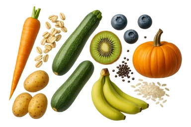 carota, fiocchi di avena, zucchine, kiwi, mirtilli, semi di chia, patate, banane acerbe, zucca, riso fluttuano in aria verticalmente, iperrealistici 4k sticker