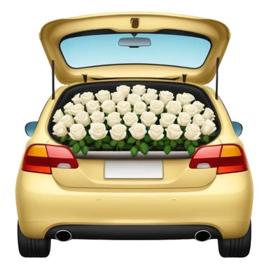 side view of car, trunk filled with white roses, emoji style sticker