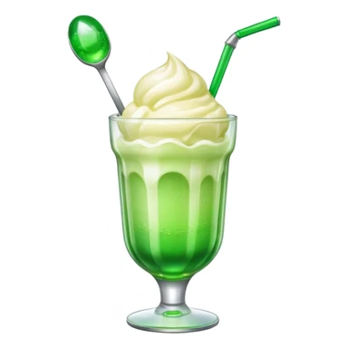 Create an emoji with a clear rounded glass, bright transparent green soda, vanilla ice cream scoop
 sticker