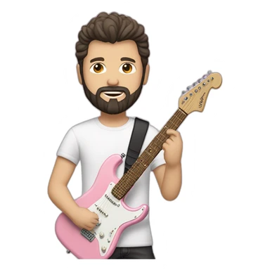 white man with dark beard and black t shirt and pastel pink stratocaster electric guitar sticker