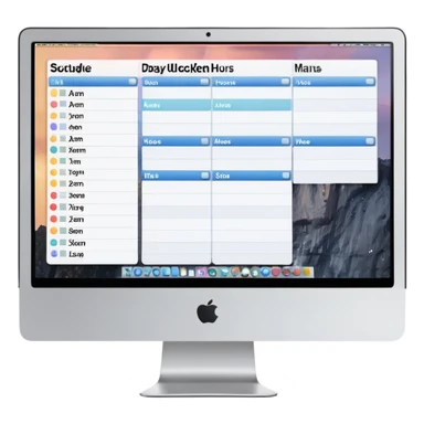 front-facing iMac showing a day schedule with vertical hours (9am, 10am, 11am) and horizontal client slots, some slots clearly booked sticker