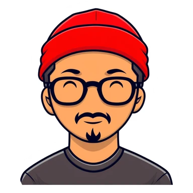 Asian man with black goatee, glasses, wearing a small red beanie sticker