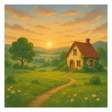 dream life as a peaceful landscape with a cozy house, sunrise, and nature, in ghibli style sticker