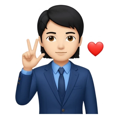 Copy this photo, the face like the same with finger heart 🫰🏻 and dark blue suit , the hair color is black sticker