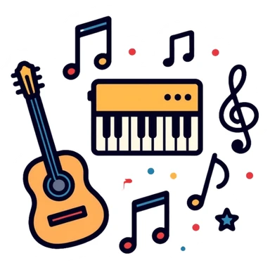 music icons with piano, guitar, and musical notes sticker