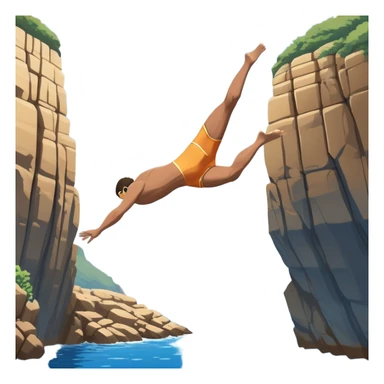 A diver mid-air, diving from a rocky cliff into the sparkling blue ocean below. The background shows a dramatic cliffside and clear sky, capturing the daring and exhilarating nature of cliff diving, with the water below ready to embrace the plunge. sticker