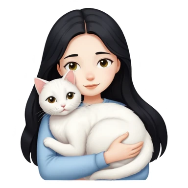 Long black-haired girl hugging a white cat sticker