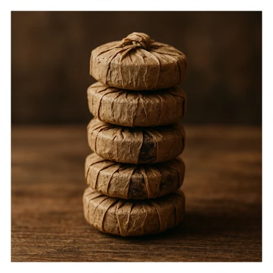 a stack of small pu-erh tea cakes, rustic and artisanal sticker