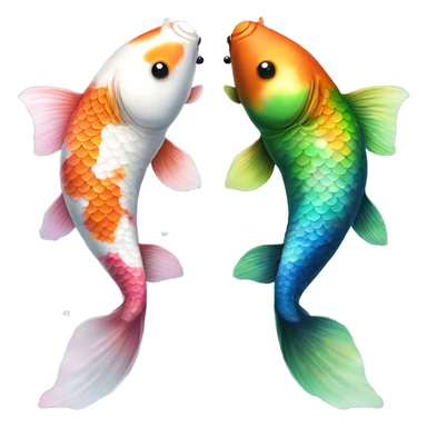  Two realistic koi fish, one green & blue, the other pink & white, swimming in opposite directions, ying yang, Pisces fish, cloudy, water, dreamy, bubbles, iridescent sticker
