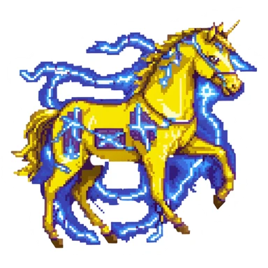 yellow fast electric horse made of electricity, bolts, visible yellow wires, lightning, blue electricity details, galloping sticker