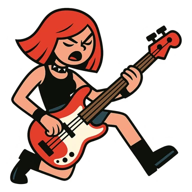 rock girl with red hair and red bass guitar, long bob hairstyle, edgy and dynamic pose sticker