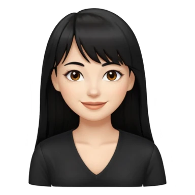 A white woman with Long straight hair with bangs, black hair, brown eyes and a black low-cut shirt smiling sticker