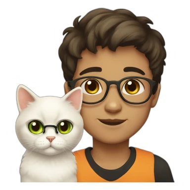 Boy with green eyes, glasses, with black short hair, with orange Persian cat sticker