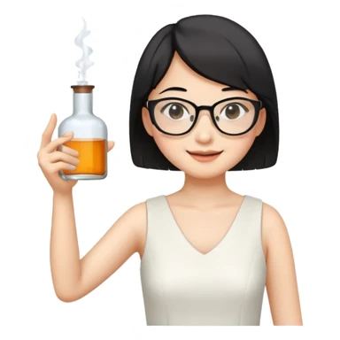 asian teacher with a white dress holding a flask with retangle glasses and black short hand make her smile and point to the right with her other hand sticker
