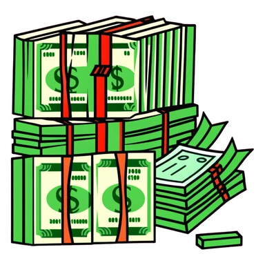 green upward arrow next to progressively taller stacks of dollar bill packs wrapped with bands sticker