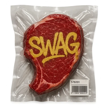 steak with gold graffiti-style 'SWAG' text, glossy, vacuum-sealed style sticker