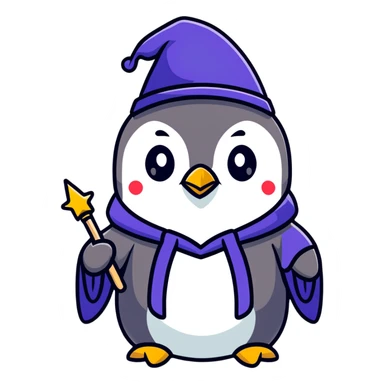 penguin wearing a wizard hat and robe, holding a magic wand sticker