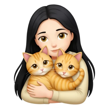 A girl with long black hair hugs a golden tabby cat sticker