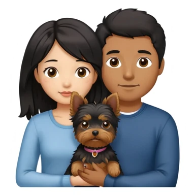 A couple holding holding a small Yorkshire Terrier together. The girl is an Asian girl with long, luscious wavy black hair (loose, no hair tie). She is standing beside a brown-skinned man with a short middle part haircut.  sticker