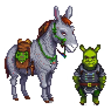pixel art donkey standing next to Shrek, happy face sticker