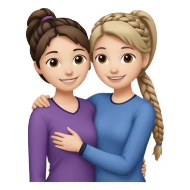 Comforting Hug two white skin women, one shorter woman with medium brown simple top ponytail, not braided, and one taller woman with a single long black side braid sticker