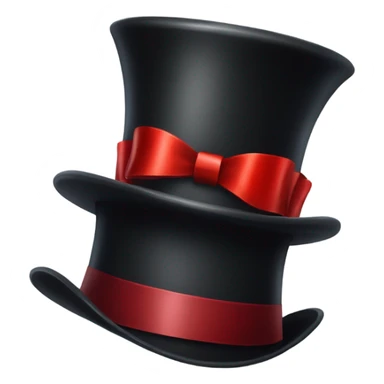 A black top hat displaying a red ribbon around the base. The ribbon forms a visible bow at the front, with the ends falling slightly over  sticker