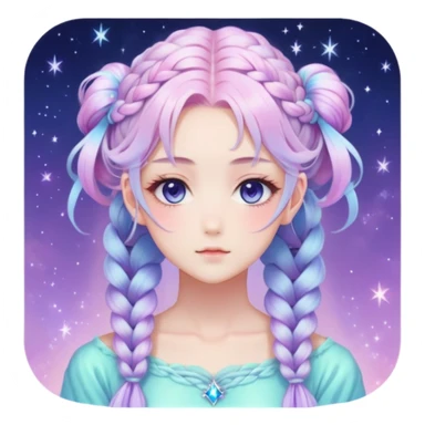 Beautiful gorgeous anime lady with beautiful iridescent-nebula-braided-hair, fashion aesthetic, ethereal, fairycore, pastelcore sticker