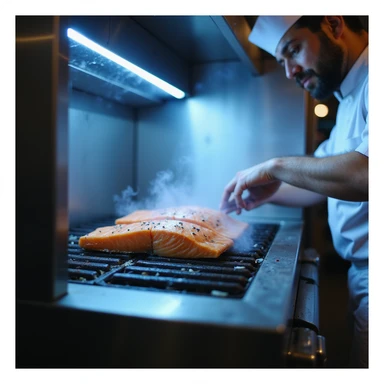 photographic 4K style image of chef in kitchen placing salmon fillets on a grill inside a blast chiller, with cold vapor and blue lights sticker