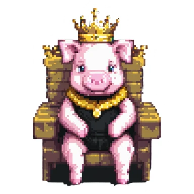cartoon-like playful pixel art pig with a golden crown sitting on a throne, blocky and square like Minecraft, very few pixels, simple and charming sticker