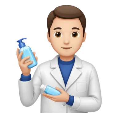 man with white coat holding skincare products sticker