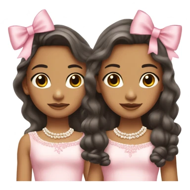 two teenage Latina twins. pink. Long hair. Pink bows. Pearls. Light pink. Diamonds dress. sticker