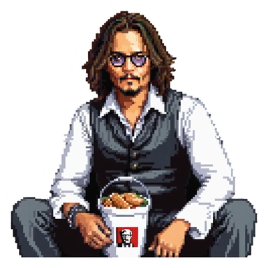 Johnny Depp sitting in a KFC bucket, long hair, goatee sticker