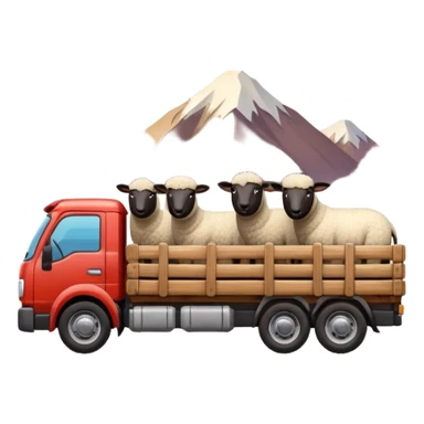 3D emoji of a Peruvian truck transporting sheep in the back, wooden cargo bed, Andes mountain landscape, dusty countryside road, glossy finish, bold outlines, vibrant natural colors, sticker design, transparent background sticker