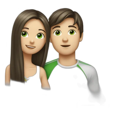 a blond boy with green eyes kisses a brunette girl with long straight hair and  green eyes on the cheek sticker