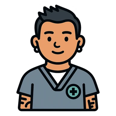 Dr. Efrén Rivera Santiago, a professional and warm doctor with neatly styled short spiked hair, wearing gray scrubs over a white undershirt. He has a calm, reassuring expression with small almond-shaped eyes and a round face. His visible arm tattoos and hook earrings add a touch of individuality. The image should reflect his kind and sharp demeanor. sticker