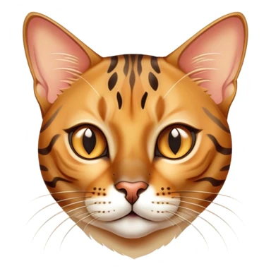 Cinematic Bengal Cat Portrait Emoji, Elegant and striking, sleek spotted brown and gold tones, Simplified yet sharp features, highly detailed, glowing with a warm, confident glow, high shine, playful and curious, stylized with an air of grace, focused and attentive, soft glowing outline, capturing the essence of agility and confidence, so lifelike it feels as though it could spring into motion at any moment! sticker