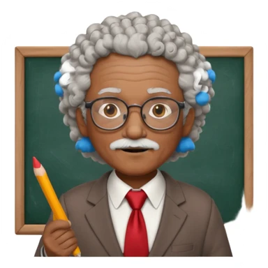 old man teacher, brown skin, curly grey white hai, wearing glasses, brown suit, red tie hold chalk on hand sticker