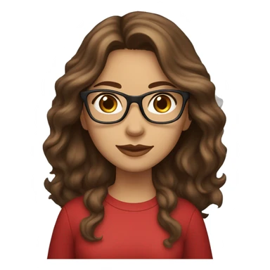 female coder with apple laptop in front of her, long wavy brown hair, brown eyes, type of glasses cat eyes, light skin, dark-brown wavy hair, red clothes sticker