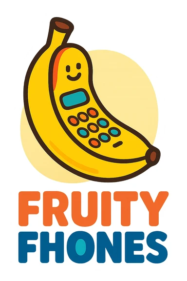 Fruity Fhones logo, a phone shaped as a banana, fun and inviting, for a kids' phone brand sticker
