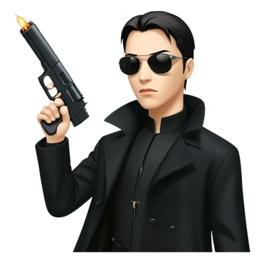 Neo from The Matrix in long black coat, sunglasses, and stopping bullets sticker