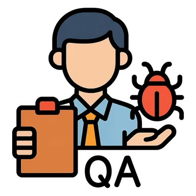 professional QA engineer character holding a clipboard and a bug icon sticker