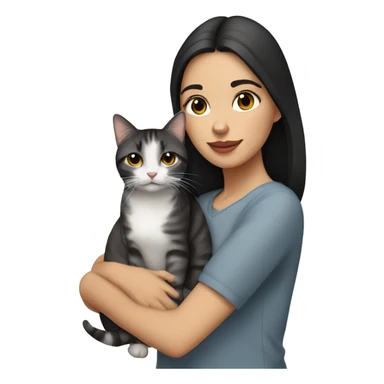 A black haired white girl with hazel eyes holding a gray tabby cat sticker