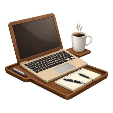 Laptop on the rectangular brown coffee tray, coffee and notebook sticker