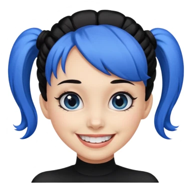 Now tied up her hair in a bun, the on her head is black, but blue bang on front. Bigger eyes and brighter smile, show teeth while smiling sticker