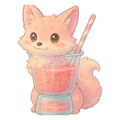 a blender transformed into a soft, fluffy fox with a transparent body and a fruity smoothie inside, sparkling eyes, pastel pink, full-body sticker