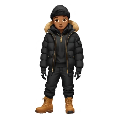 Handsome Black grown man with brown skin tone, wear black joggers, a black bubble coat with a fur brim on the hood, and buckwheat timberland boots, and black gloves sticker